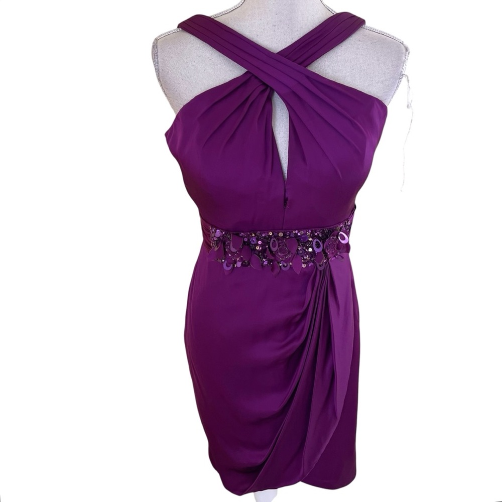 Theia Purple Silk Cross Halter with Sequin/Bead Waist Detail 8